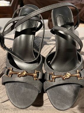 Black Women's Strappy Heeled Sandals with Gold Hardware